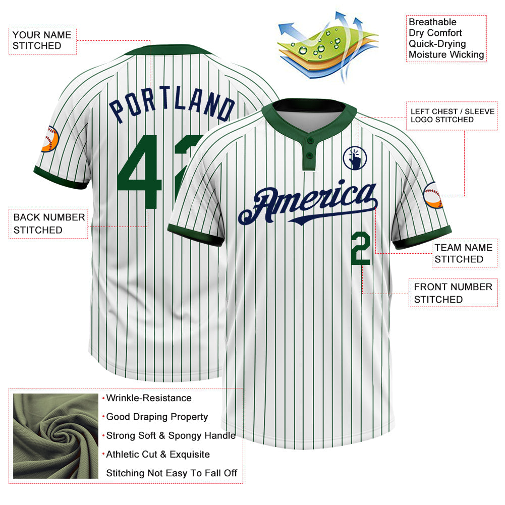 Custom White Green Pinstripe Navy Two-Button Unisex Softball Jersey view 3