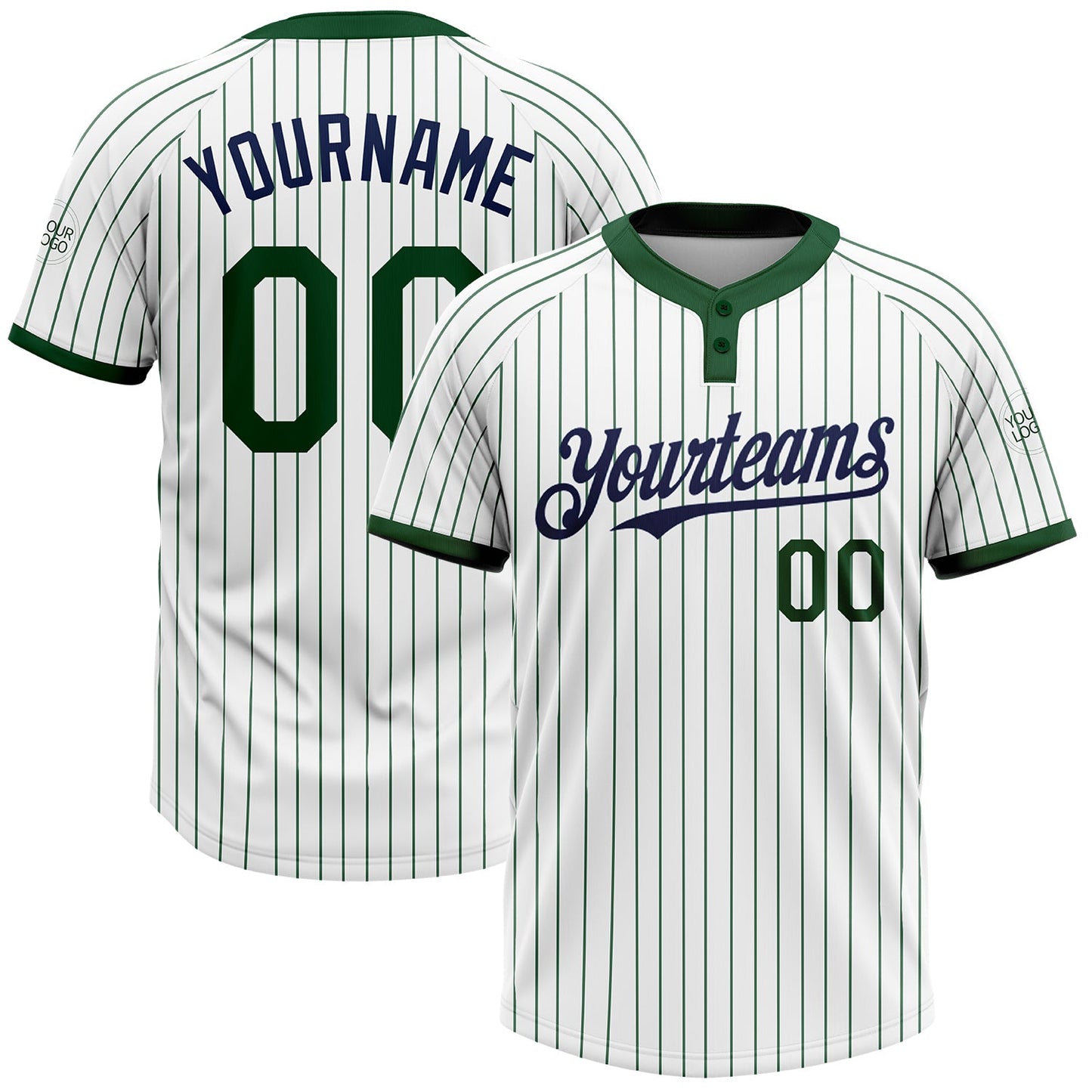 Custom White Green Pinstripe Navy Two-Button Unisex Softball Jersey - Main View