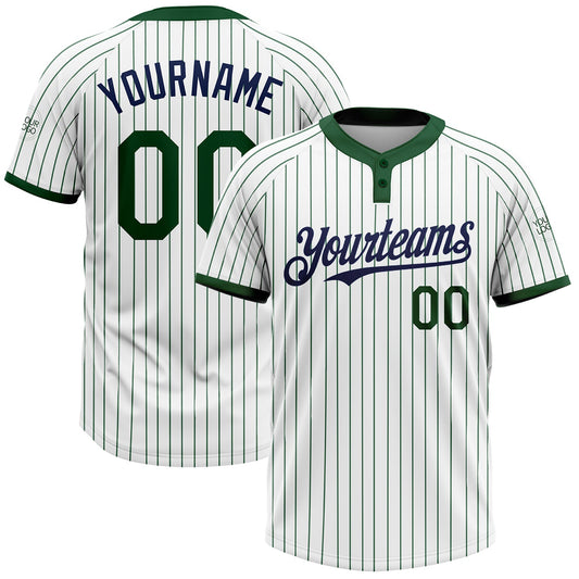 Custom White Green Pinstripe Navy Two-Button Unisex Softball Jersey - Main View