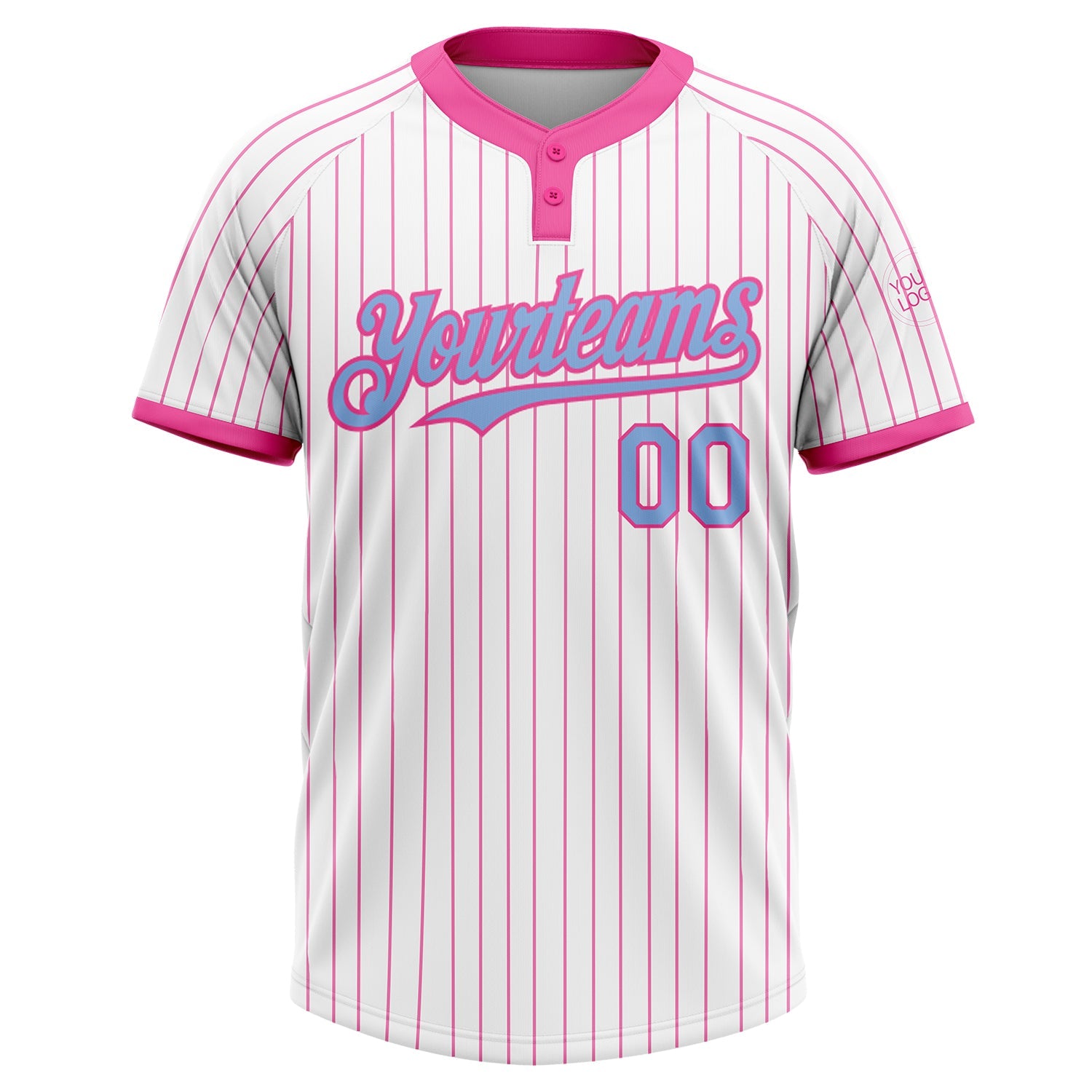 Custom White Pink Pinstripe Light Blue Two-Button Unisex Softball Jersey view 2