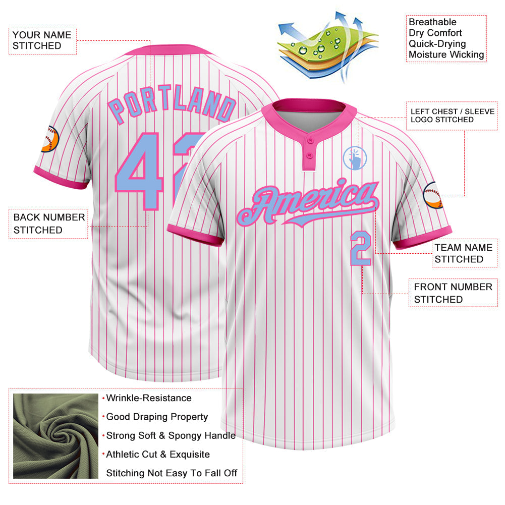 Custom White Pink Pinstripe Light Blue Two-Button Unisex Softball Jersey view 3