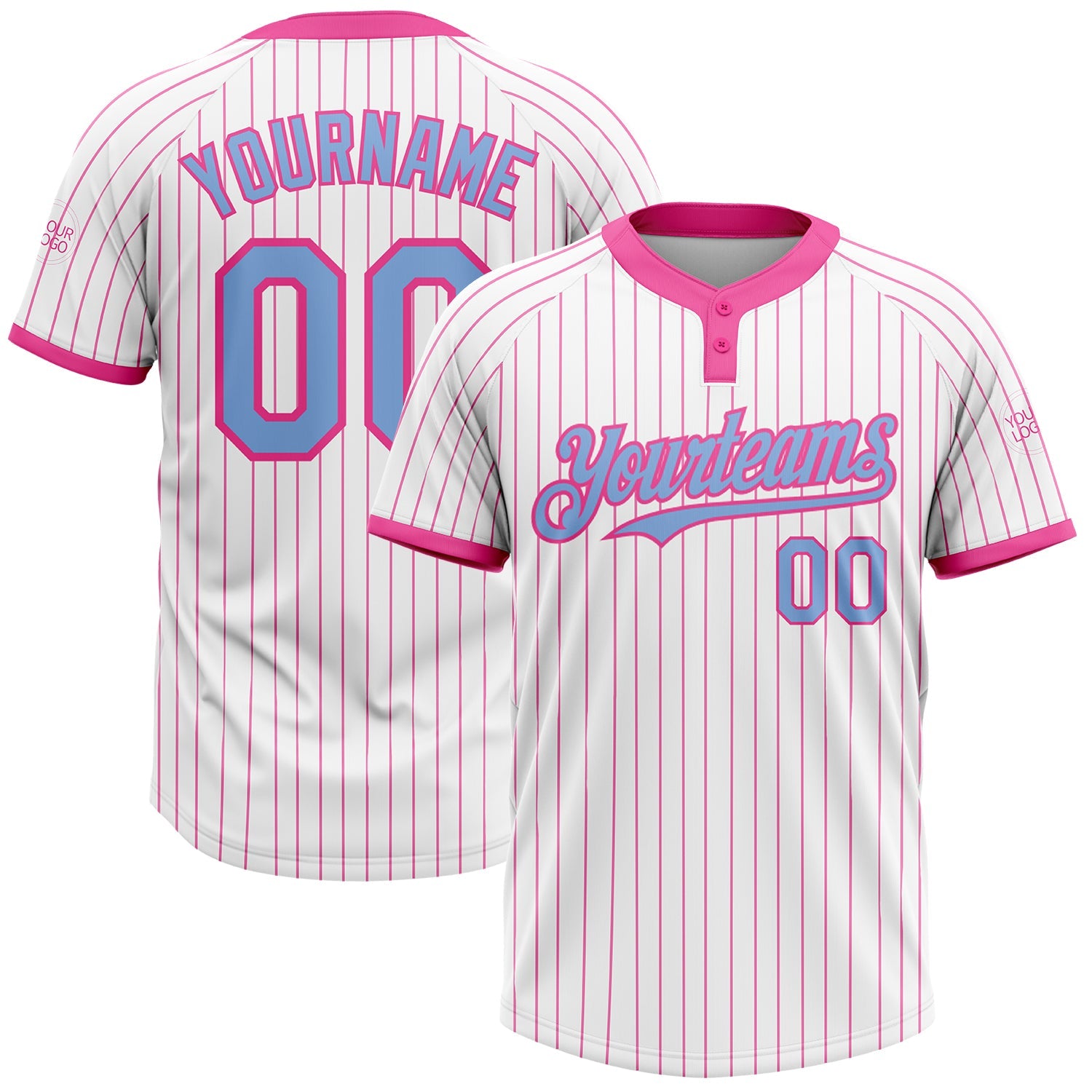 Custom White Pink Pinstripe Light Blue Two-Button Unisex Softball Jersey - Main View