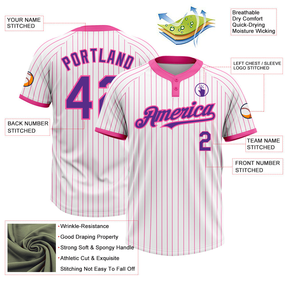 Custom White Pink Pinstripe Purple Two-Button Unisex Softball Jersey view 3