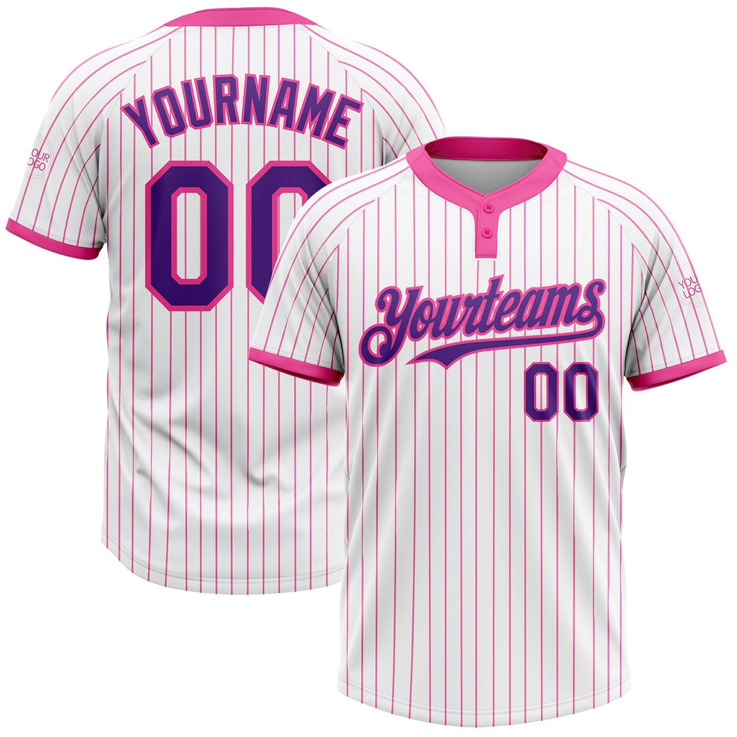 Custom White Pink Pinstripe Purple Two-Button Unisex Softball Jersey - Main View