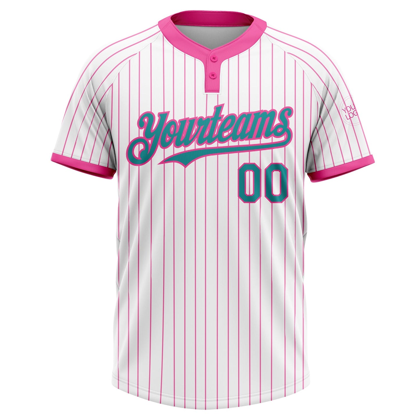 Custom White Pink Pinstripe Teal Two-Button Unisex Softball Jersey view 2