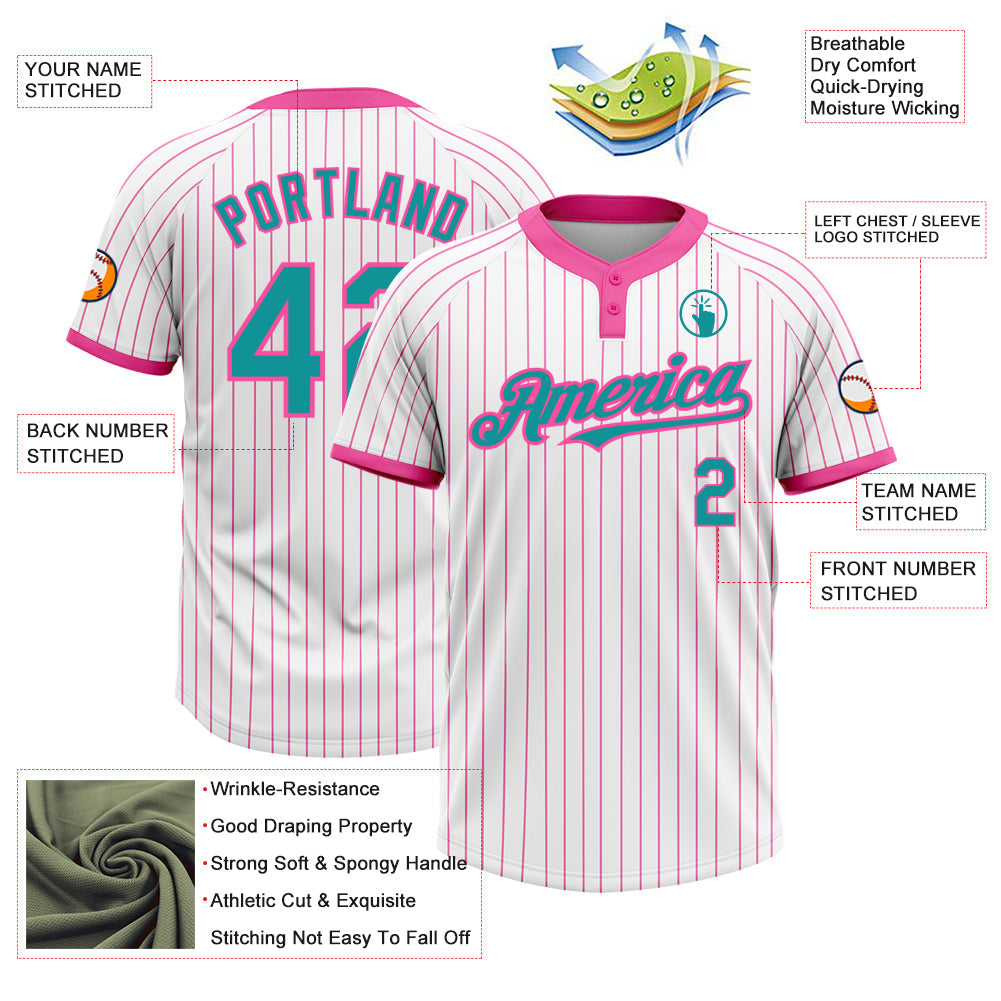 Custom White Pink Pinstripe Teal Two-Button Unisex Softball Jersey view 3