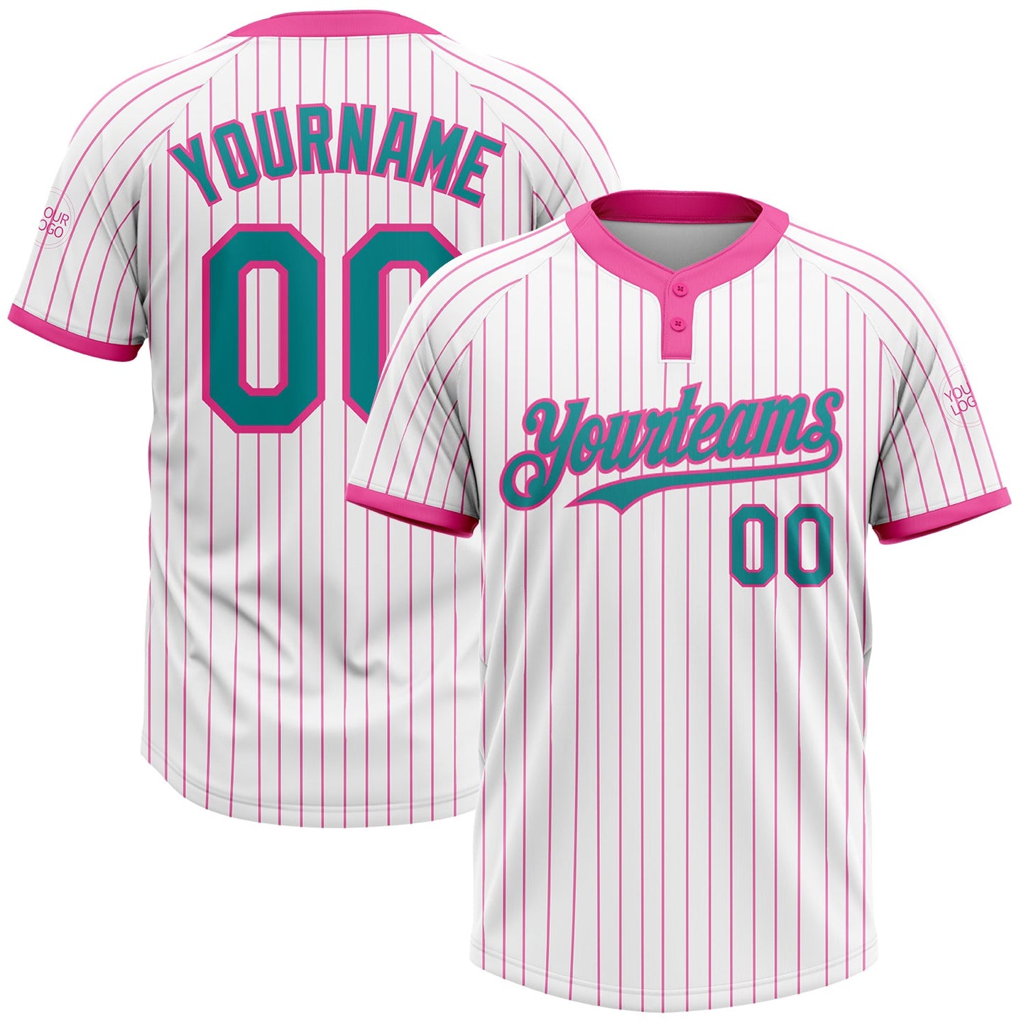 Custom White Pink Pinstripe Teal Two-Button Unisex Softball Jersey - Main View