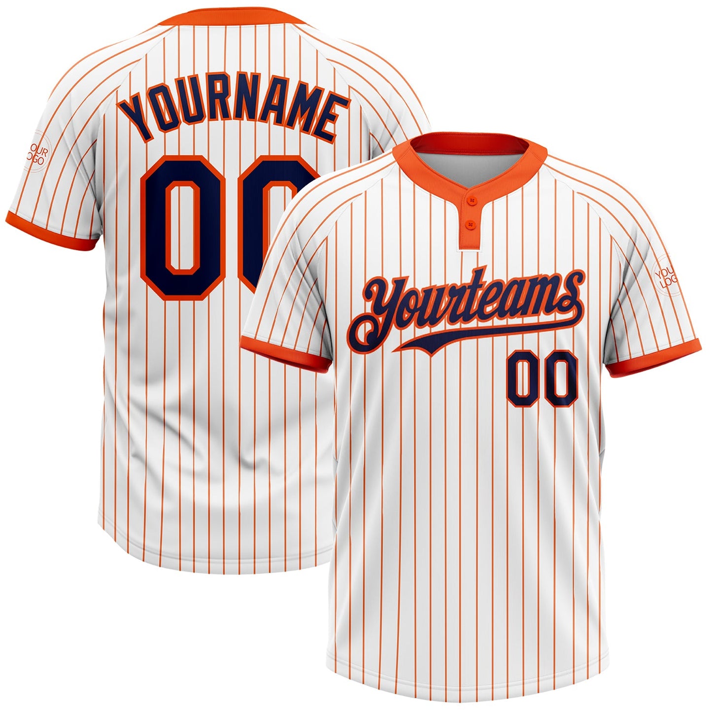 Custom White Orange Pinstripe Navy Two-Button Unisex Softball Jersey - Main View