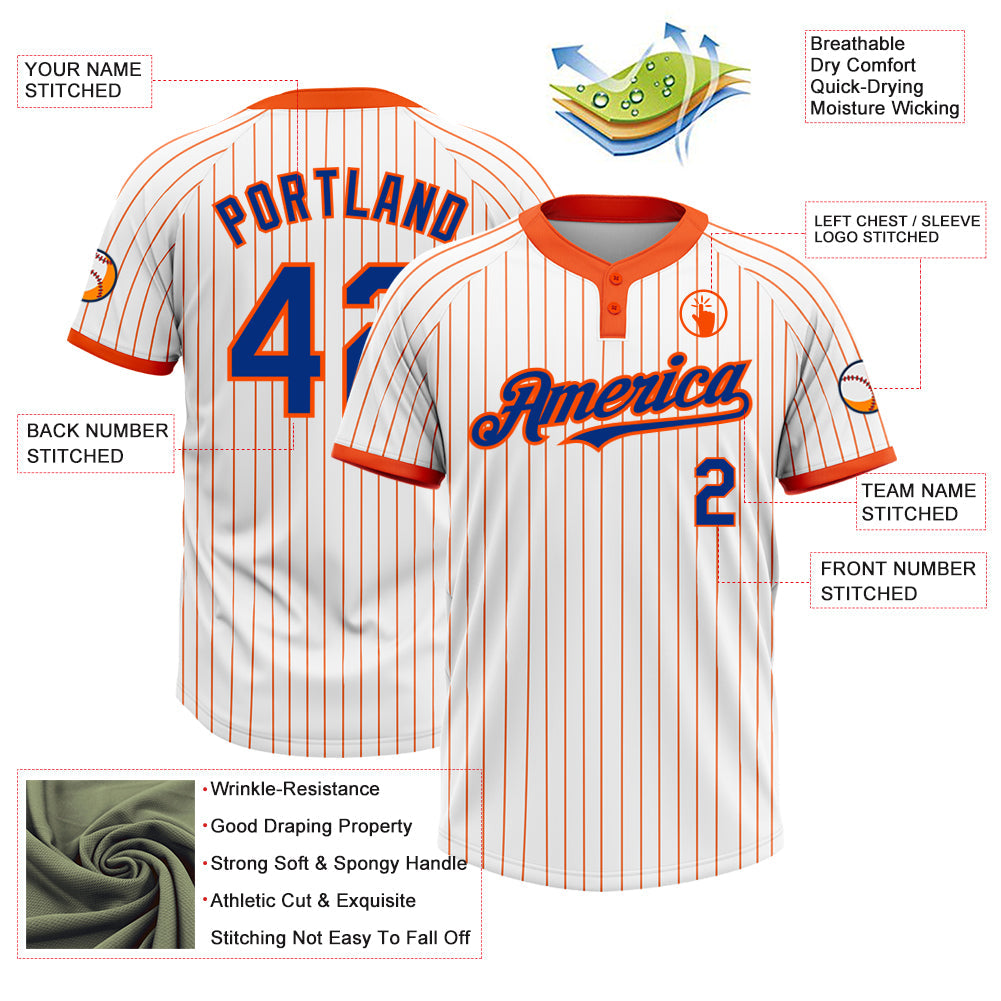 Custom White Orange Pinstripe Royal Two-Button Unisex Softball Jersey view 3