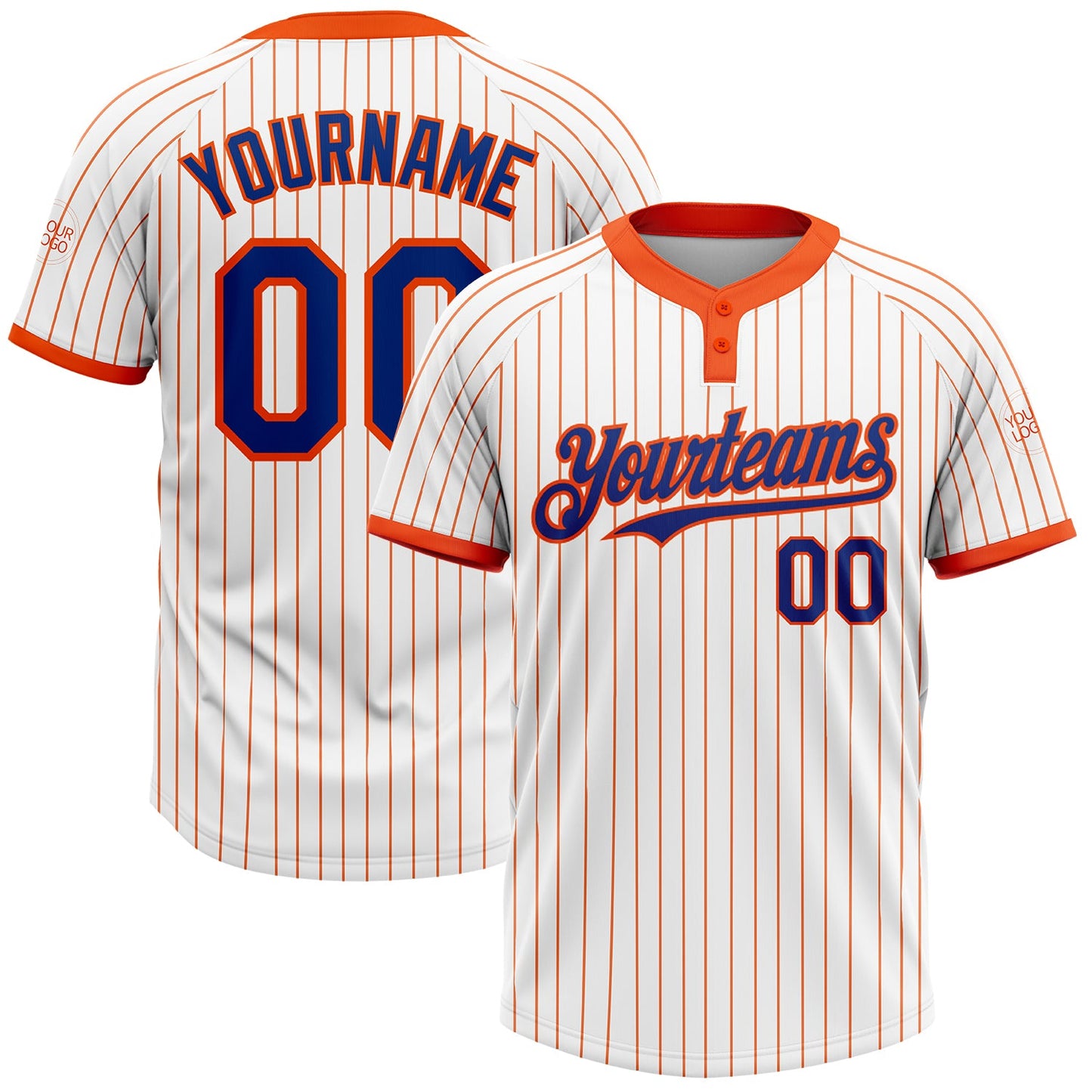 Custom White Orange Pinstripe Royal Two-Button Unisex Softball Jersey - Main View
