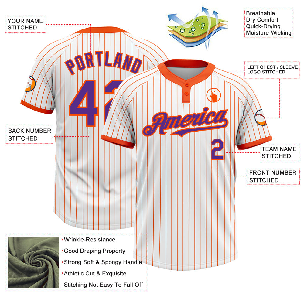 Custom White Orange Pinstripe Purple Two-Button Unisex Softball Jersey view 3