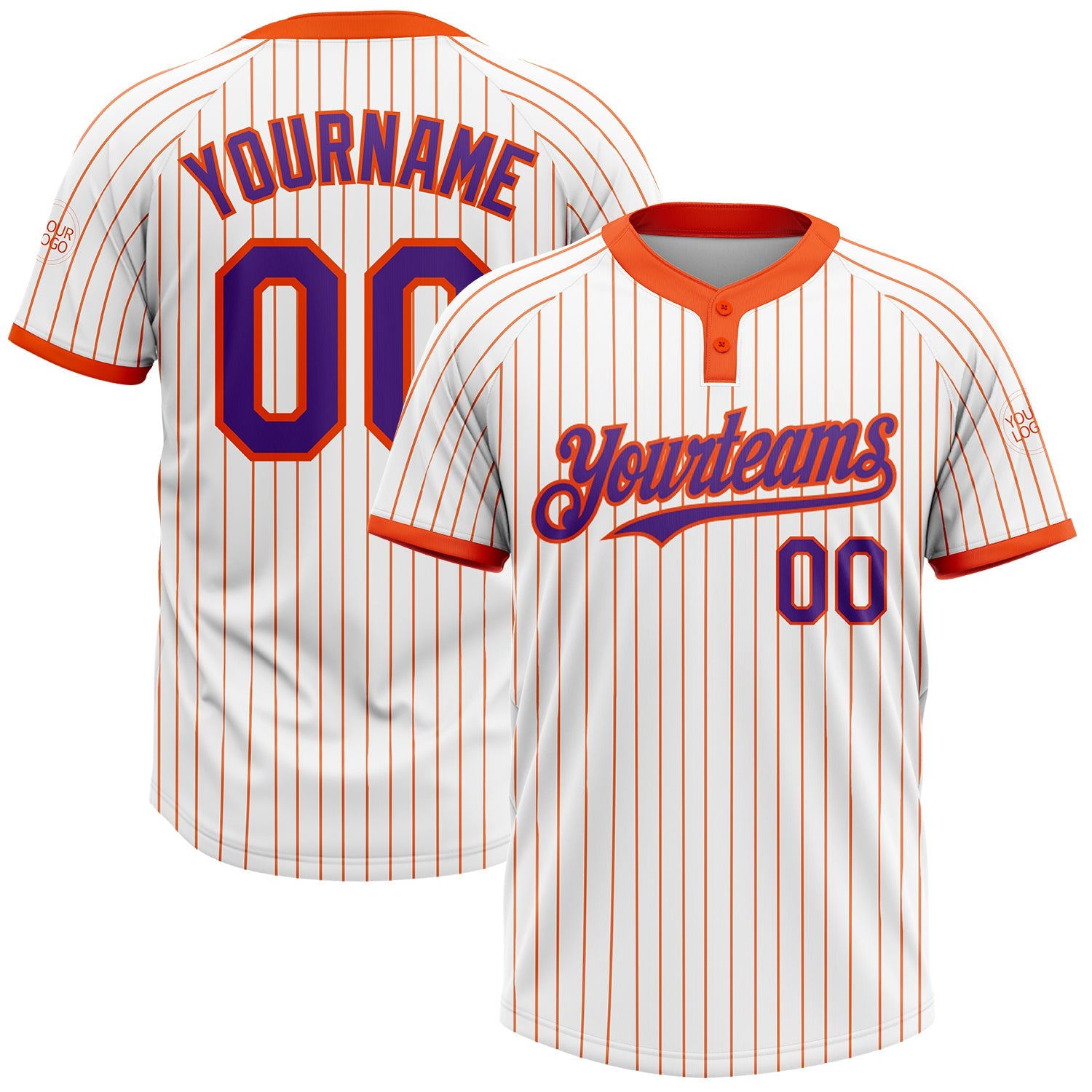 Custom White Orange Pinstripe Purple Two-Button Unisex Softball Jersey - Main View