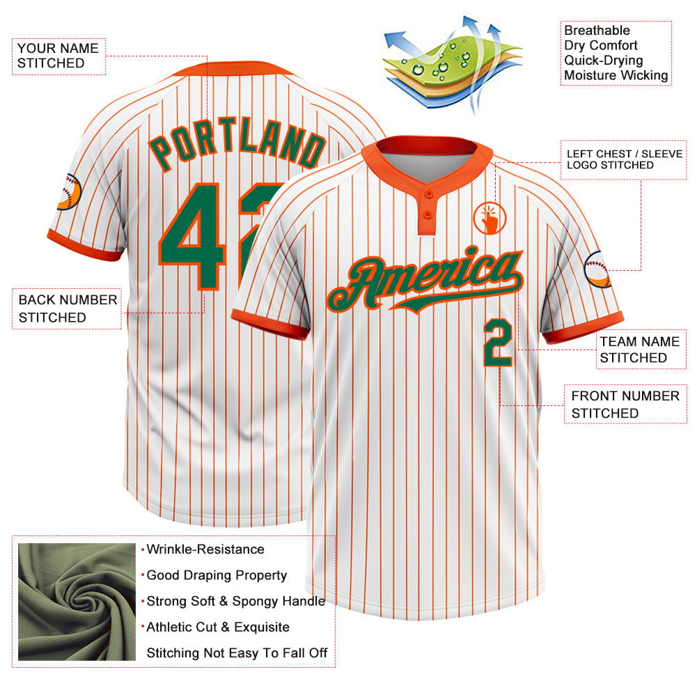 Custom White Orange Pinstripe Kelly Green Two-Button Unisex Softball Jersey view 3