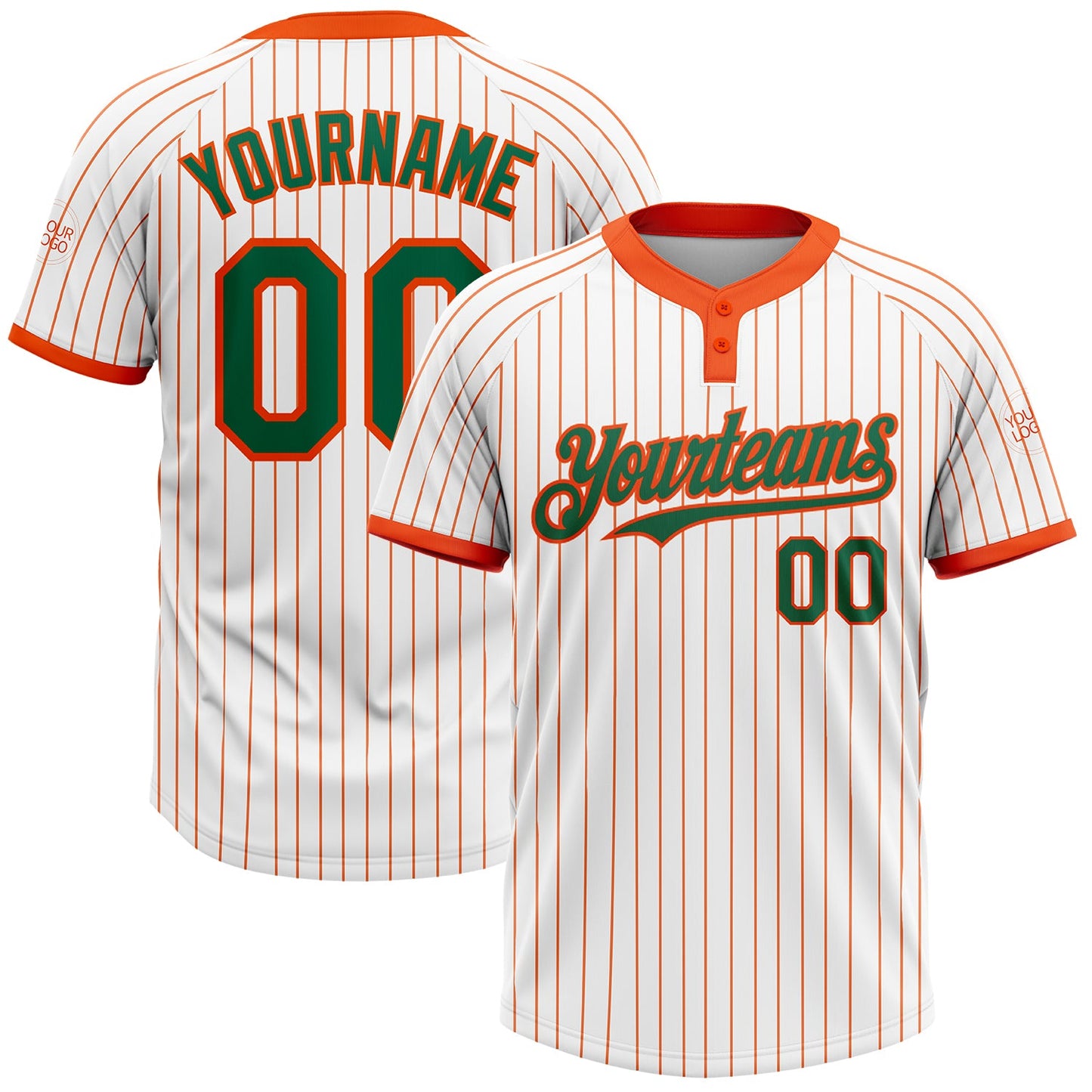Custom White Orange Pinstripe Kelly Green Two-Button Unisex Softball Jersey - Main View