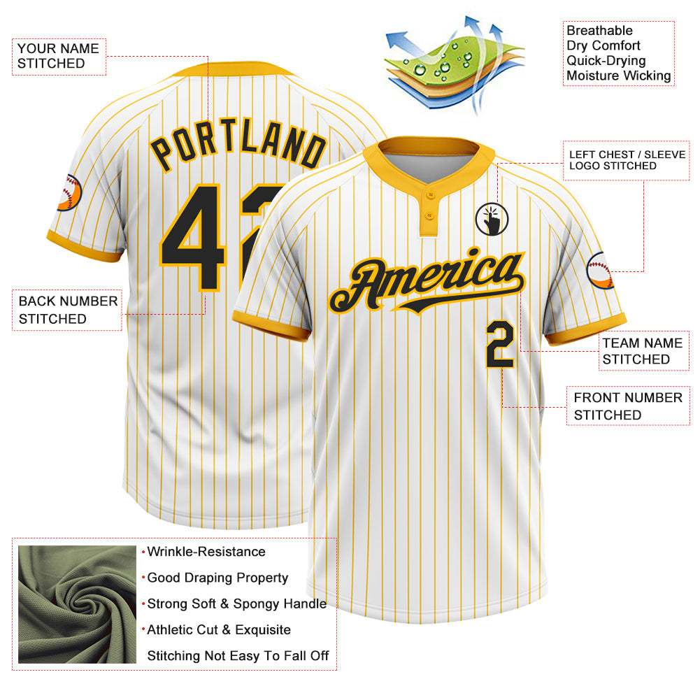 Custom White Gold Pinstripe Black Two-Button Unisex Softball Jersey view 3