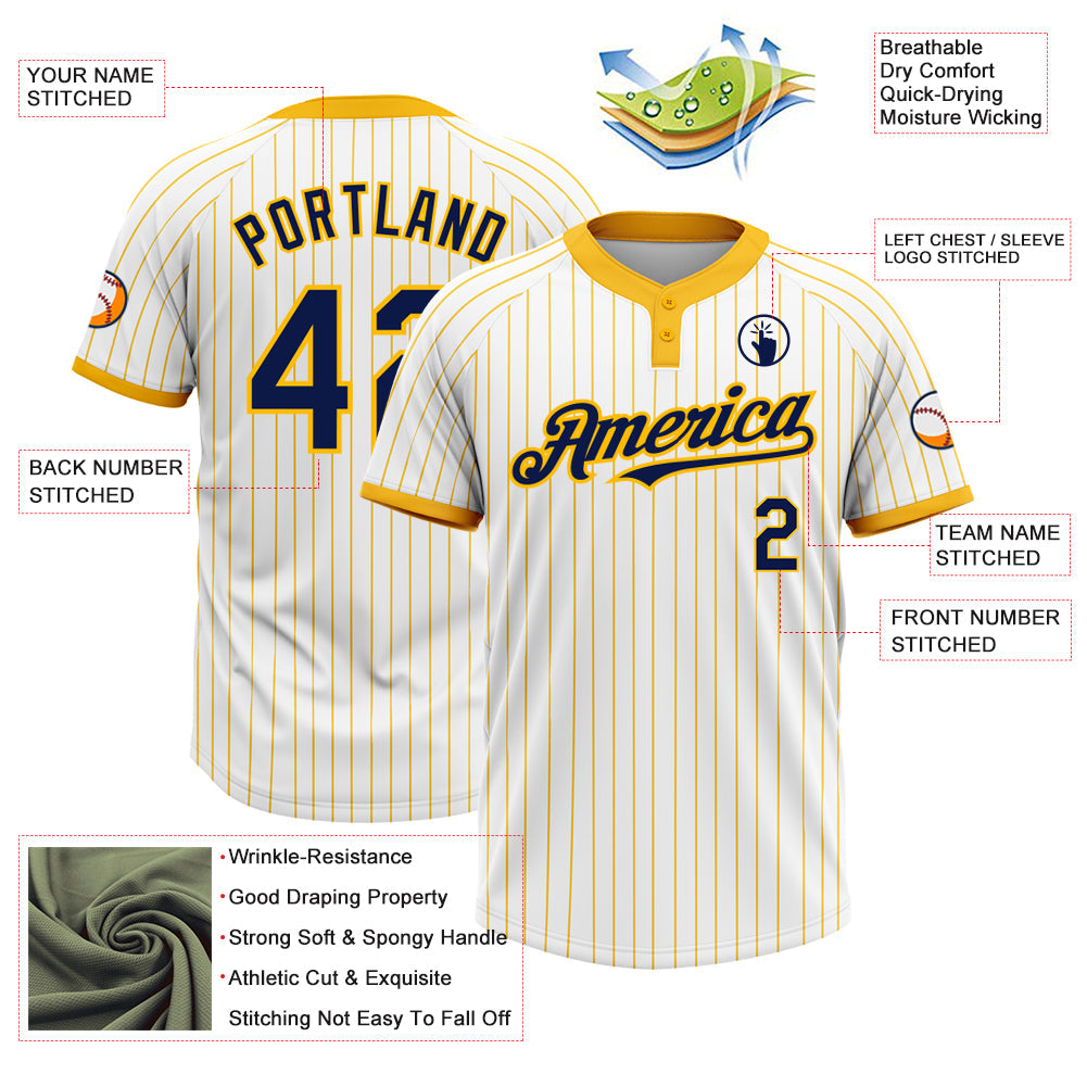 Custom White Gold Pinstripe Navy Two-Button Unisex Softball Jersey view 3