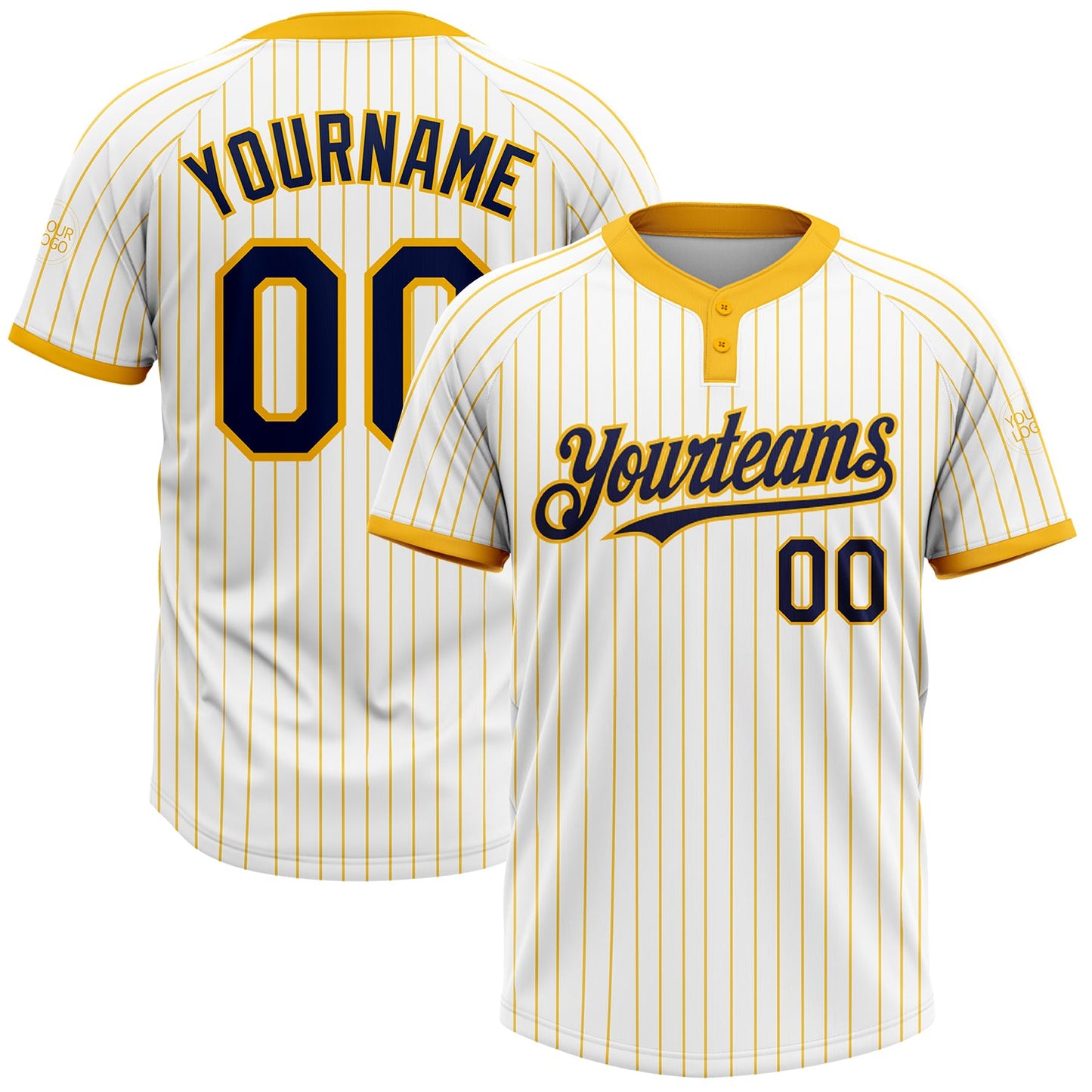 Custom White Gold Pinstripe Navy Two-Button Unisex Softball Jersey - Main View