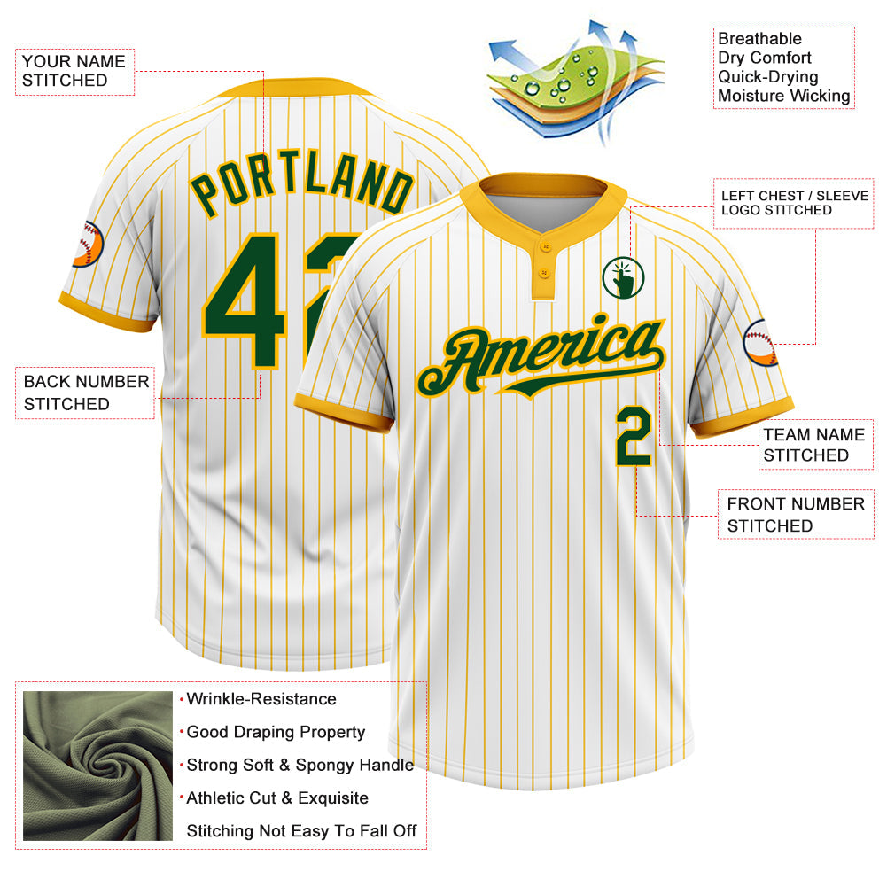Custom White Gold Pinstripe Green Two-Button Unisex Softball Jersey view 3