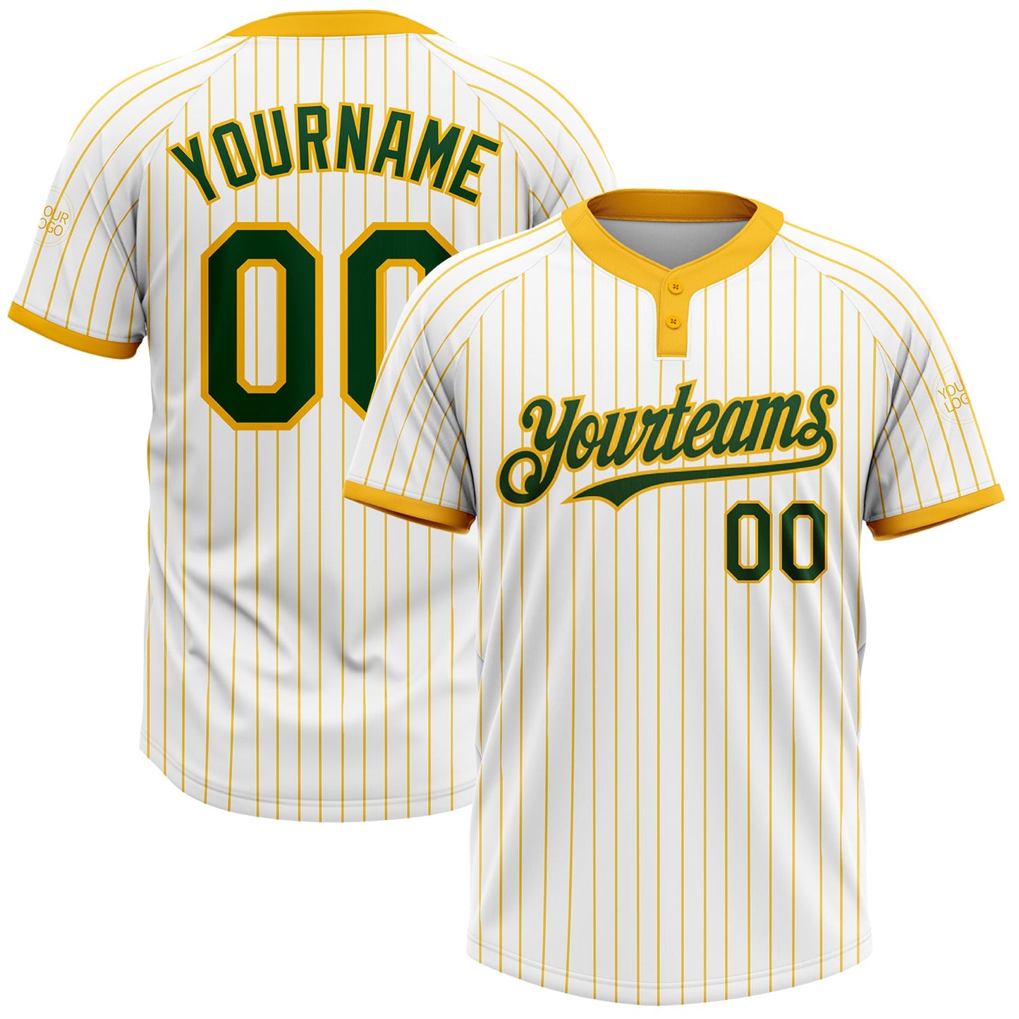 Custom White Gold Pinstripe Green Two-Button Unisex Softball Jersey - Main View