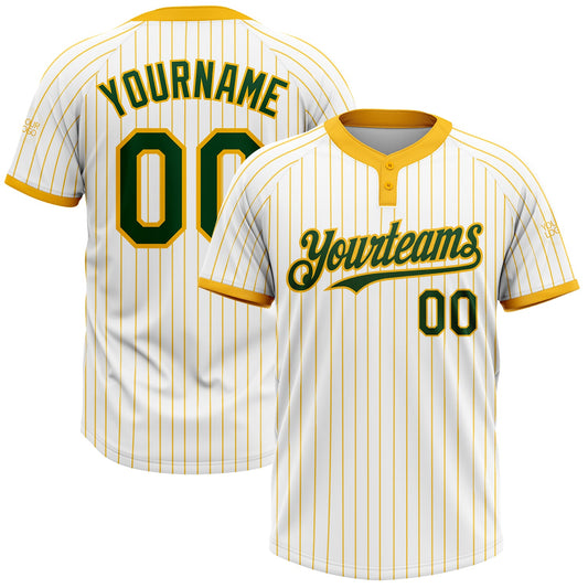 Custom White Gold Pinstripe Green Two-Button Unisex Softball Jersey - Main View