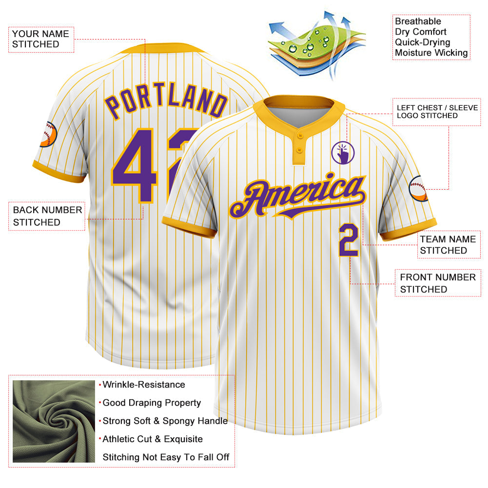 Custom White Gold Pinstripe Purple Two-Button Unisex Softball Jersey view 3