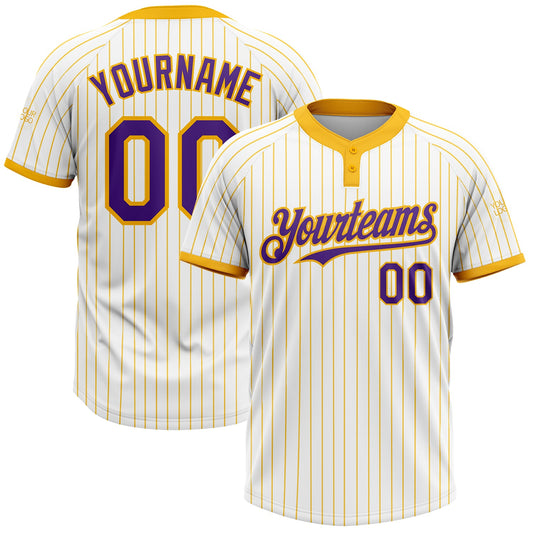 Custom White Gold Pinstripe Purple Two-Button Unisex Softball Jersey - Main View
