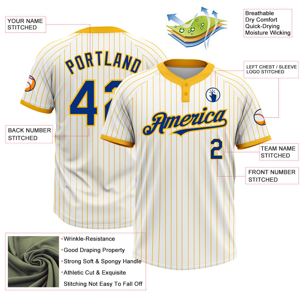 Custom White Gold Pinstripe Royal Two-Button Unisex Softball Jersey view 3