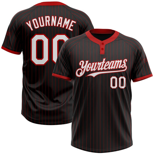Custom Black Red Pinstripe White Two-Button Unisex Softball Jersey - Main View