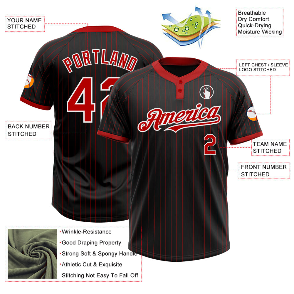 Custom Black Red Pinstripe White Two-Button Unisex Softball Jersey view 3