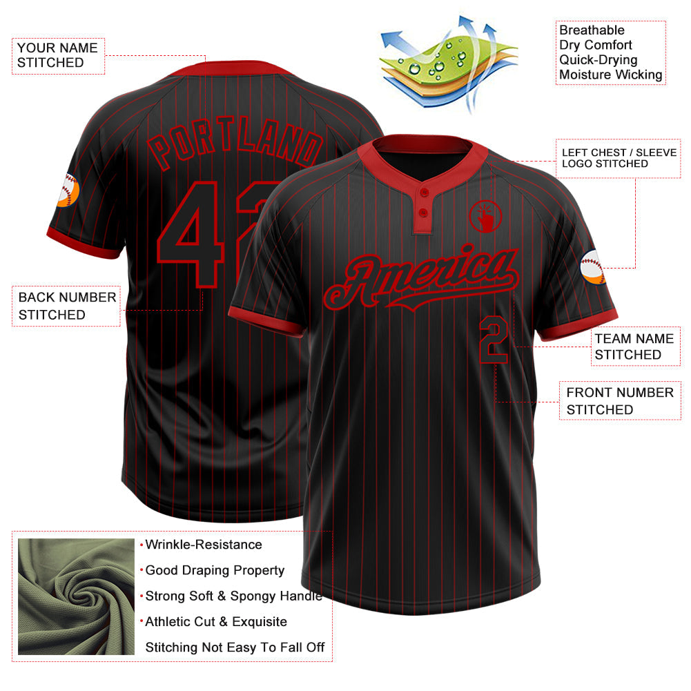 Custom Black Red Pinstripe Red Two-Button Unisex Softball Jersey view 3