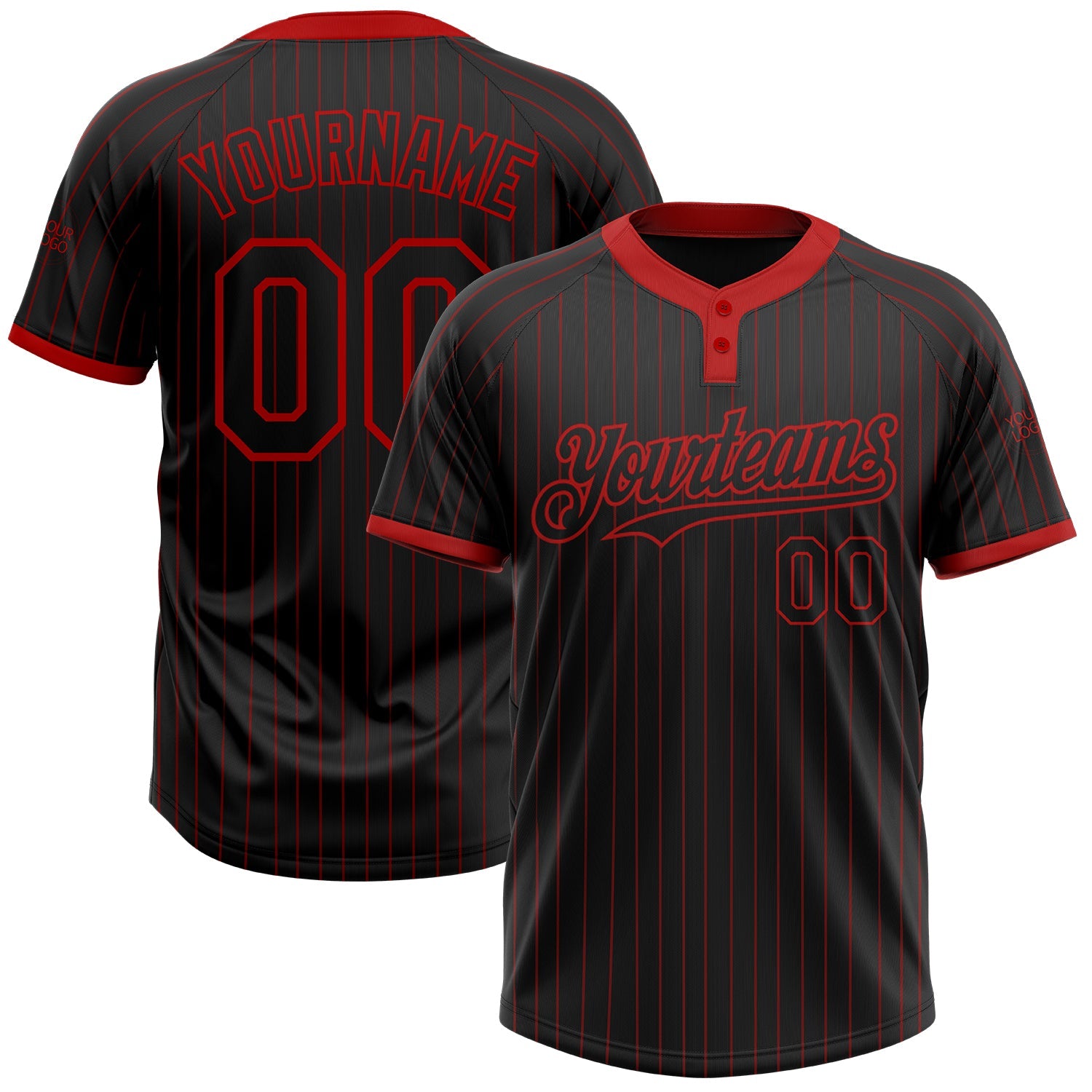 Custom Black Red Pinstripe Red Two-Button Unisex Softball Jersey - Main View