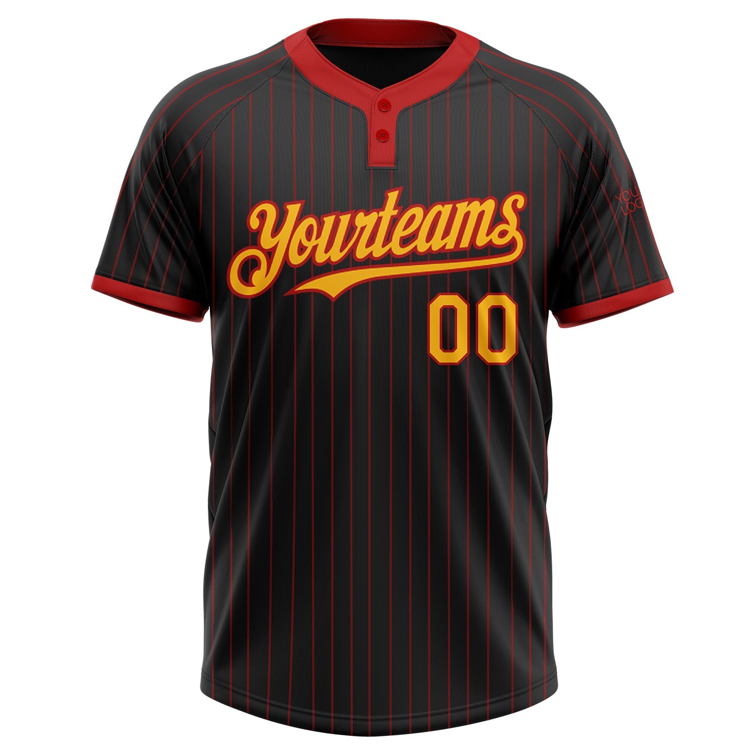 Custom Black Red Pinstripe Gold Two-Button Unisex Softball Jersey view 2