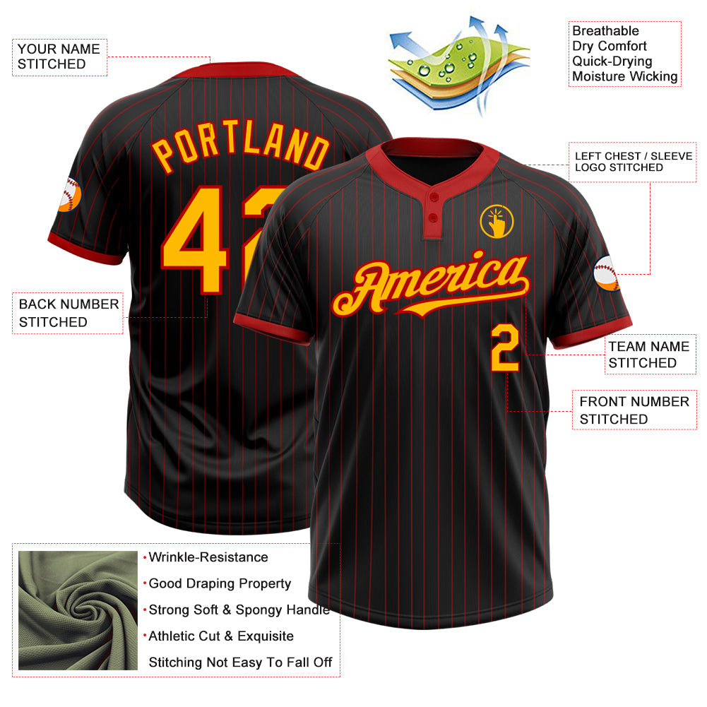 Custom Black Red Pinstripe Gold Two-Button Unisex Softball Jersey view 3