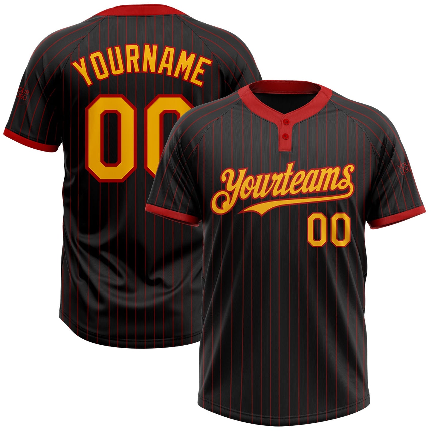 Custom Black Red Pinstripe Gold Two-Button Unisex Softball Jersey - Main View