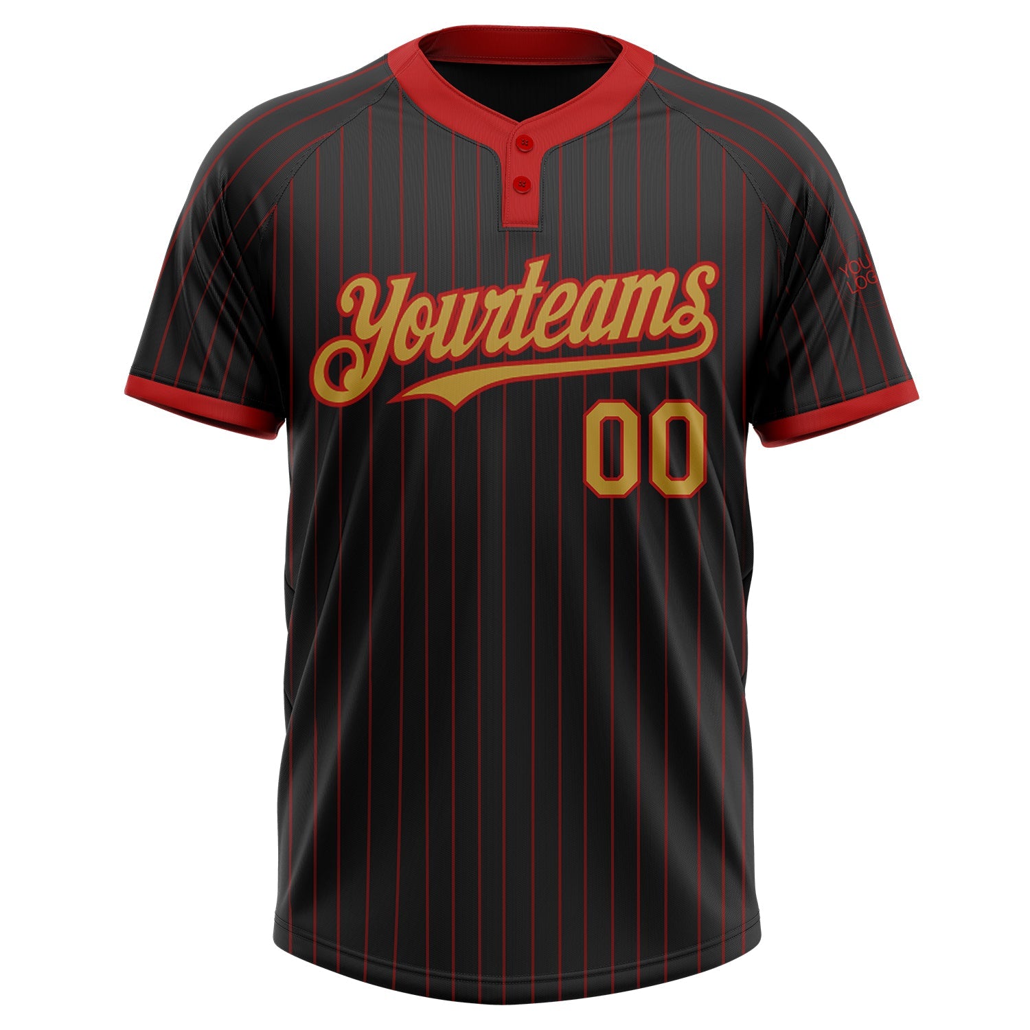Custom Black Red Pinstripe Old Gold Two-Button Unisex Softball Jersey view 2