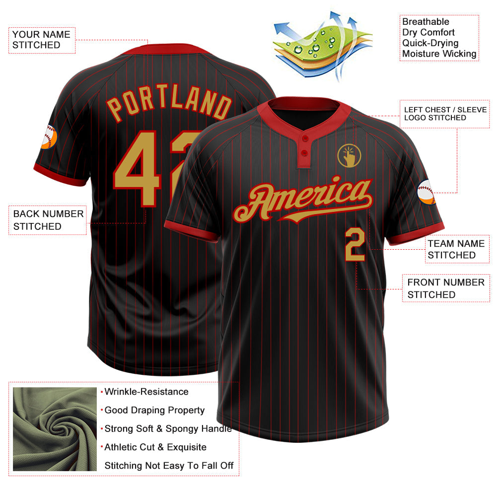 Custom Black Red Pinstripe Old Gold Two-Button Unisex Softball Jersey view 3