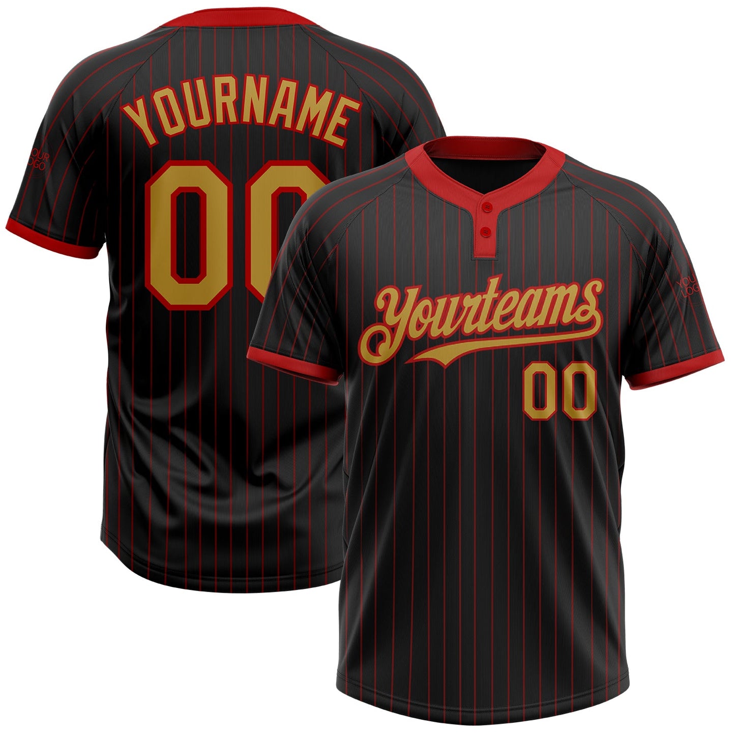 Custom Black Red Pinstripe Old Gold Two-Button Unisex Softball Jersey - Main View