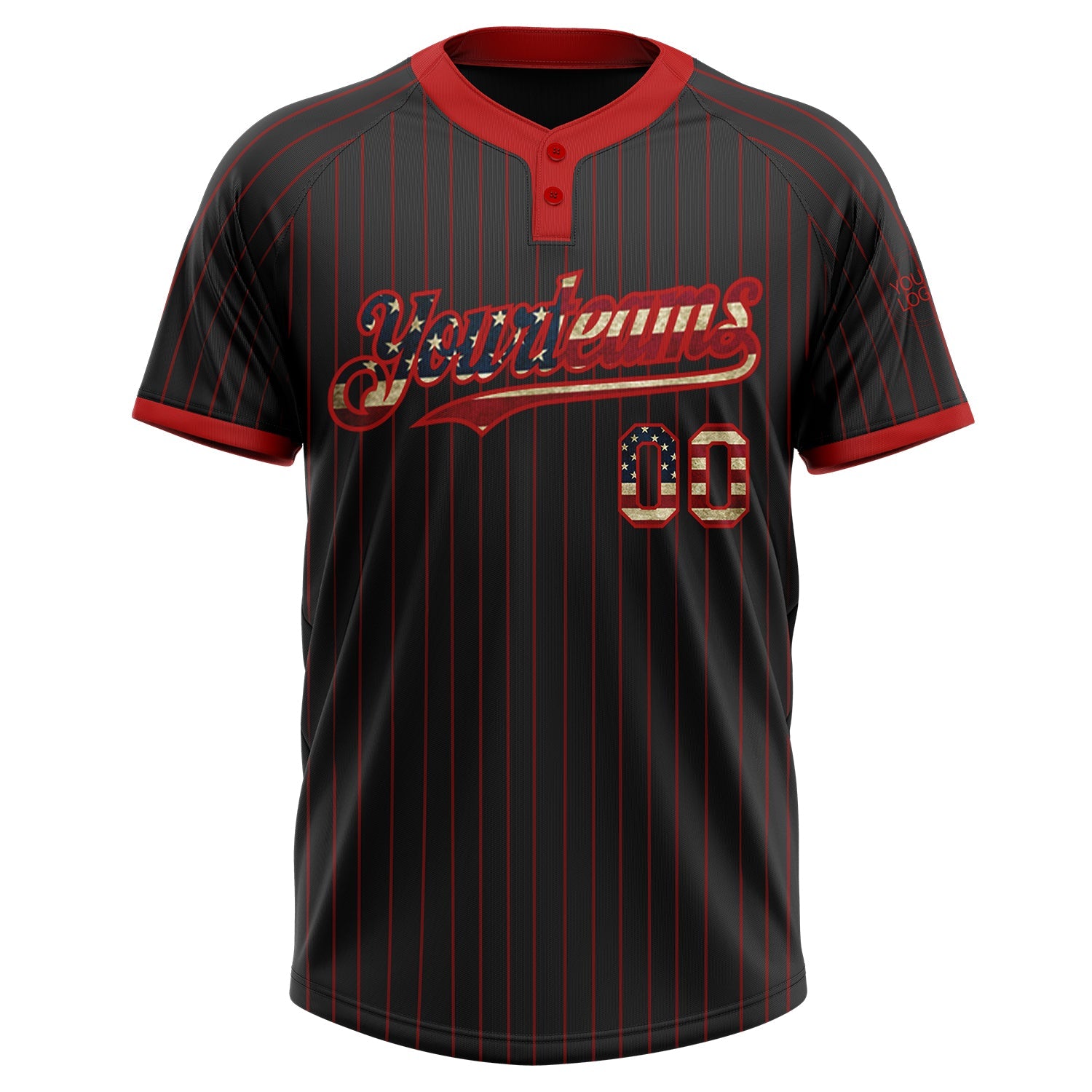 Custom Black Red Pinstripe Vintage USA Flag Two-Button Unisex Softball Jersey view 2