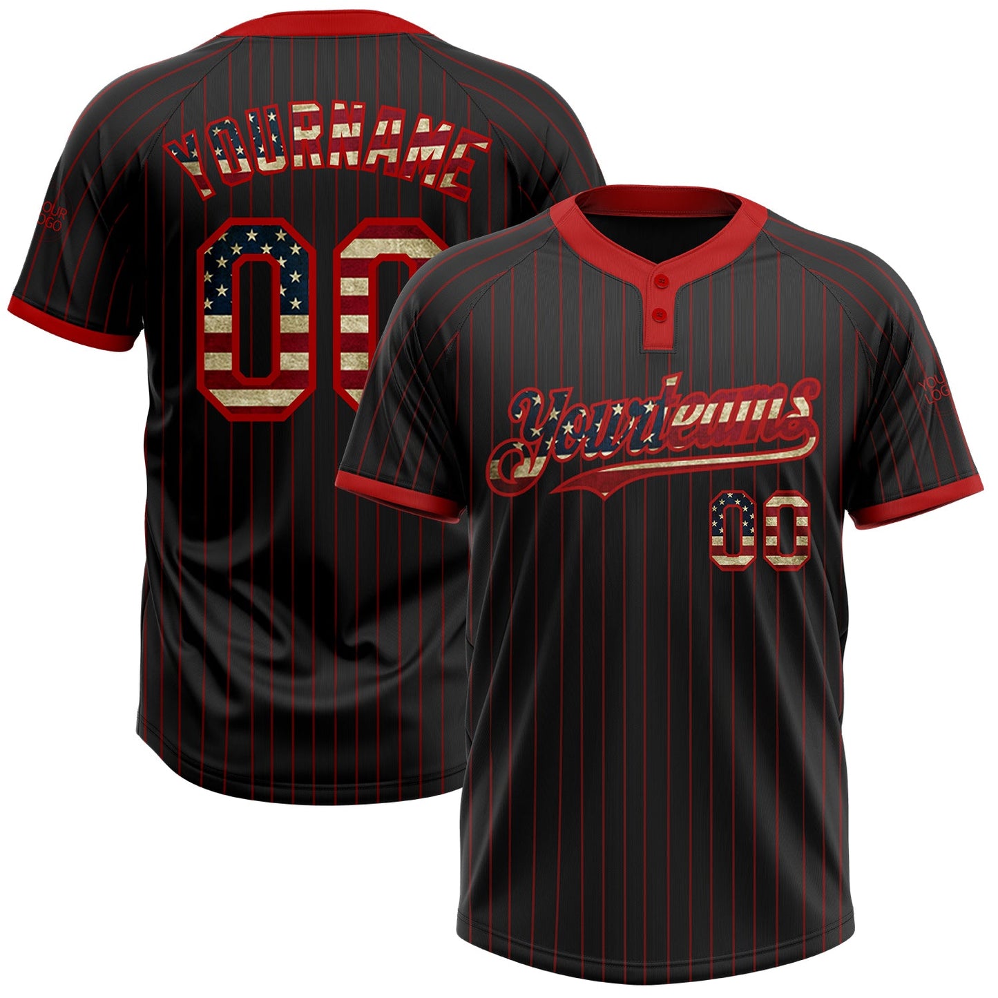 Custom Black Red Pinstripe Vintage USA Flag Two-Button Unisex Softball Jersey - Main View