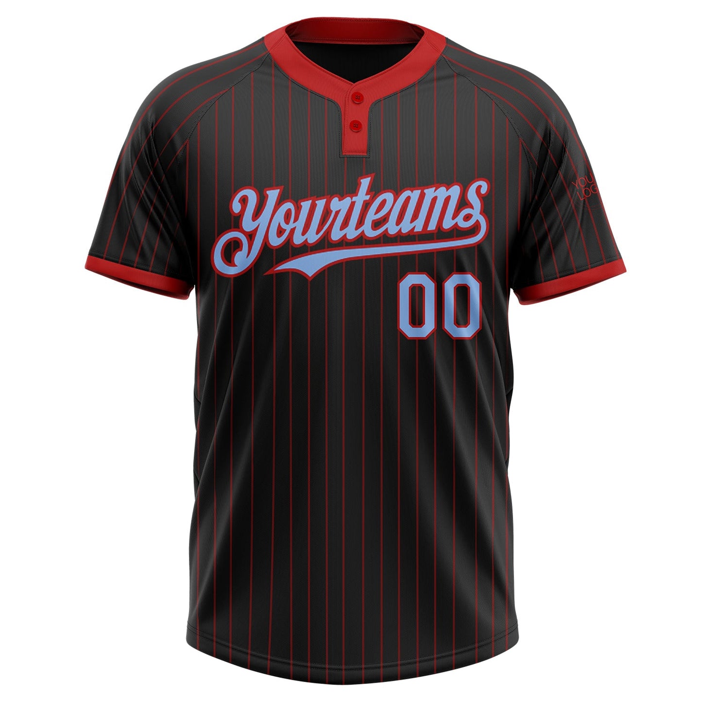 Custom Black Red Pinstripe Light Blue Two-Button Unisex Softball Jersey view 2