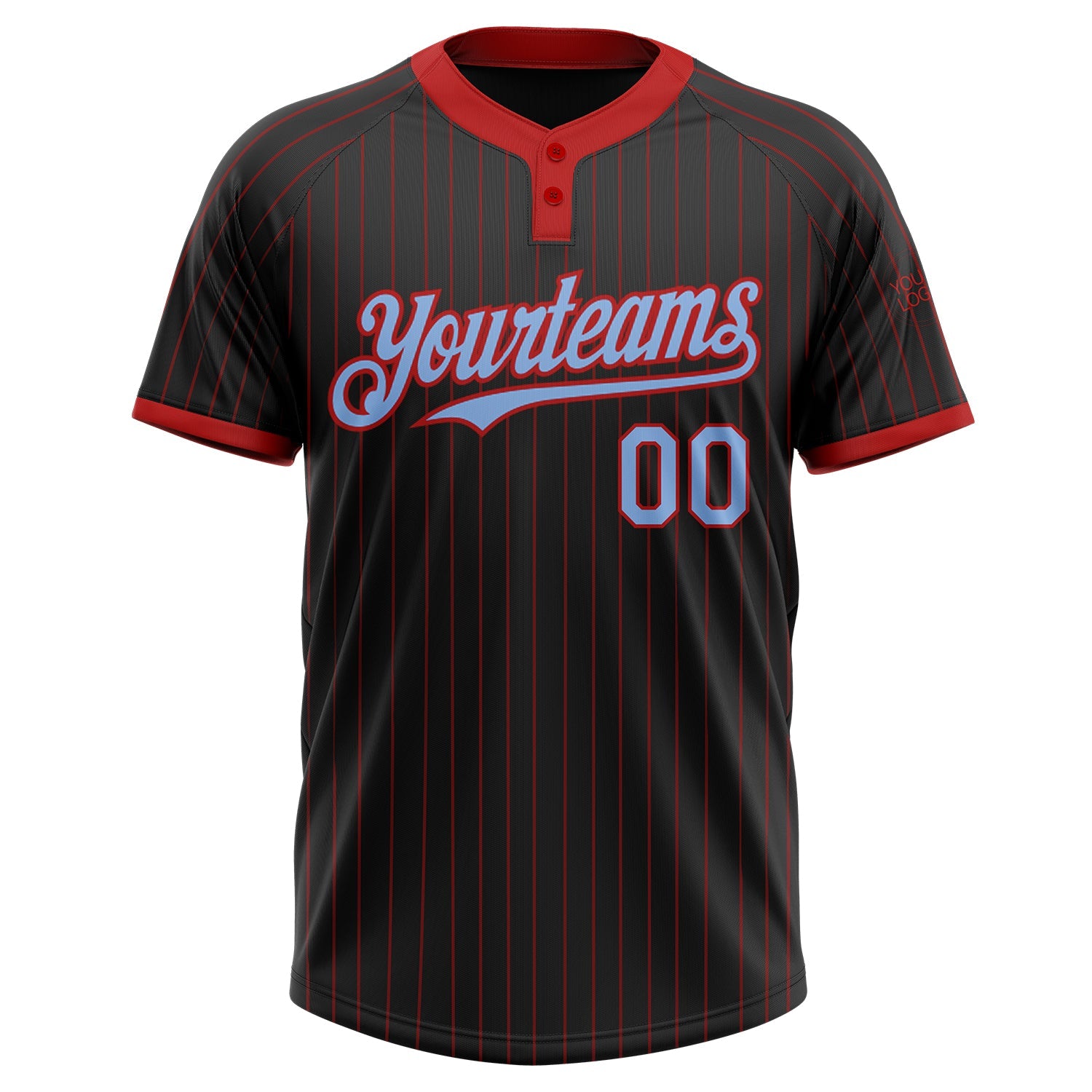Custom Black Red Pinstripe Light Blue Two-Button Unisex Softball Jersey view 2