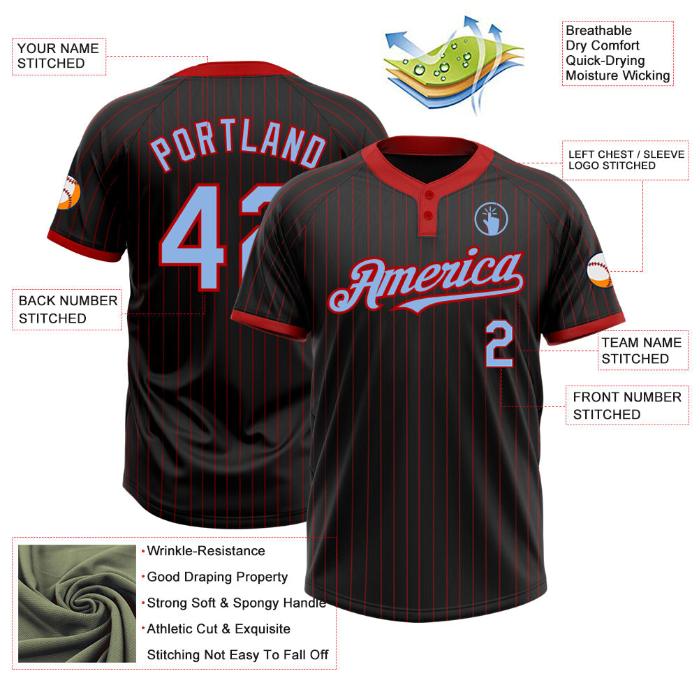 Custom Black Red Pinstripe Light Blue Two-Button Unisex Softball Jersey view 3
