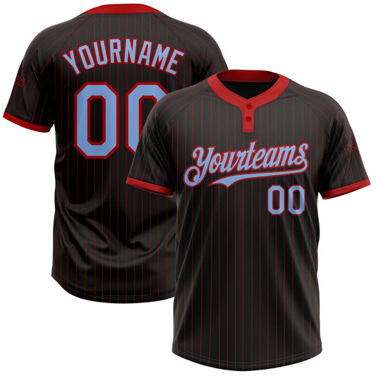 Custom Black Red Pinstripe Light Blue Two-Button Unisex Softball Jersey - Main View