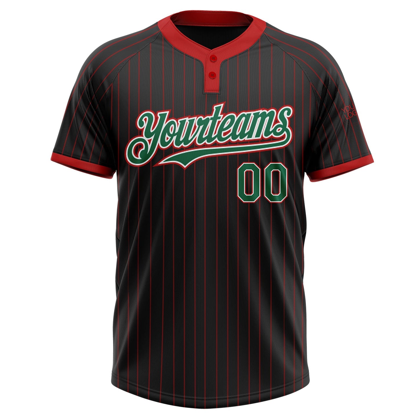 Custom Black Red Pinstripe Kelly Green-White Two-Button Unisex Softball Jersey view 2