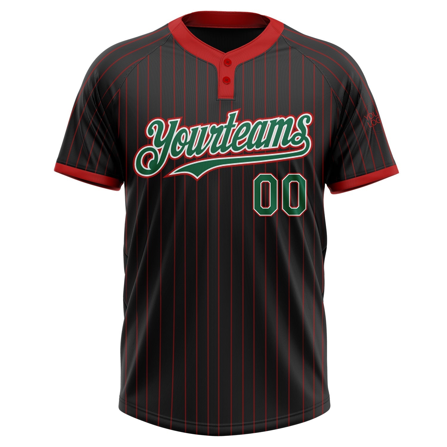 Custom Black Red Pinstripe Kelly Green-White Two-Button Unisex Softball Jersey view 2