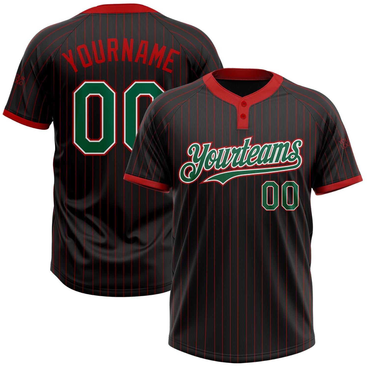 Custom Black Red Pinstripe Kelly Green-White Two-Button Unisex Softball Jersey - Main View