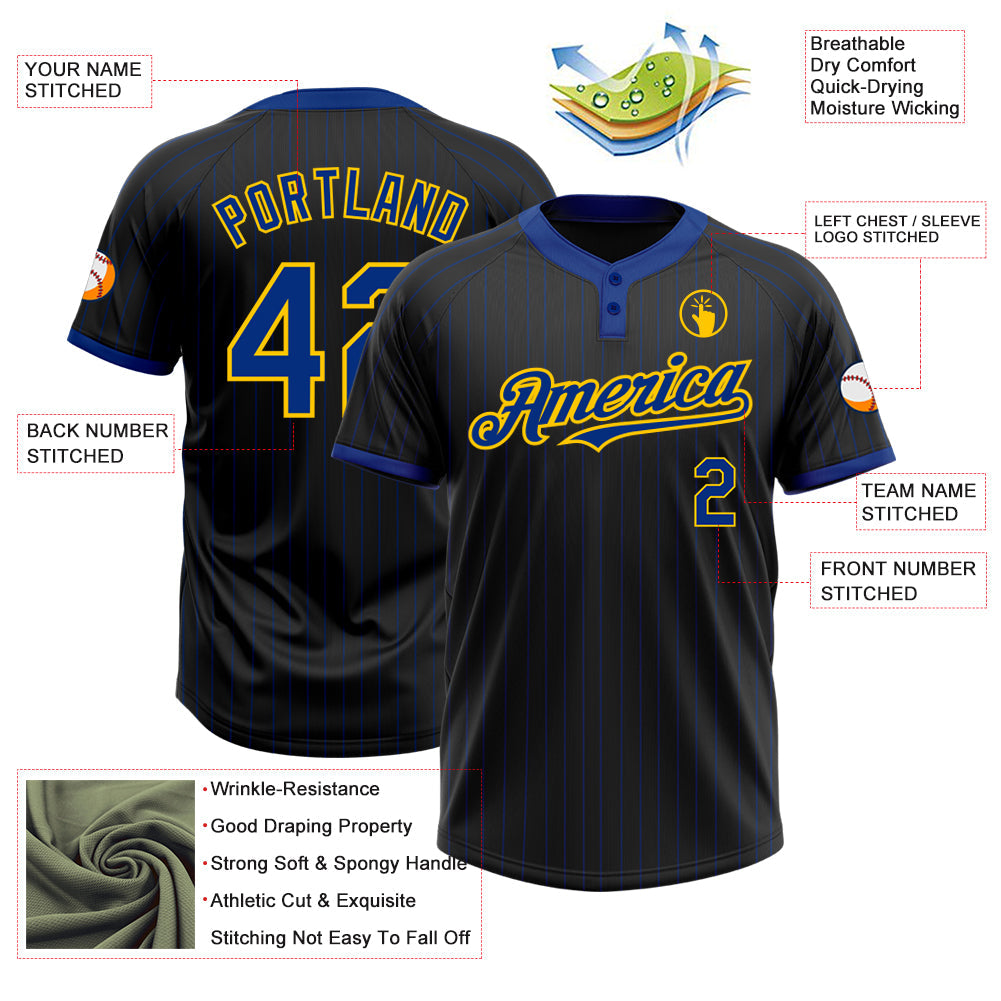 Custom Black Royal Pinstripe Yellow Two-Button Unisex Softball Jersey view 3
