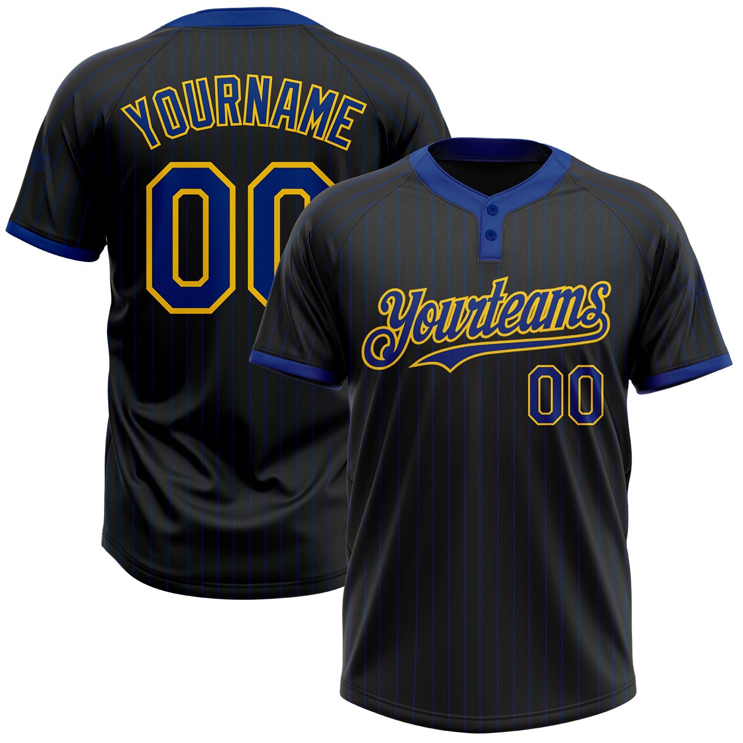 Custom Black Royal Pinstripe Yellow Two-Button Unisex Softball Jersey - Main View