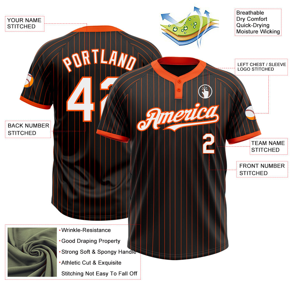 Custom Black Orange Pinstripe White Two-Button Unisex Softball Jersey view 3