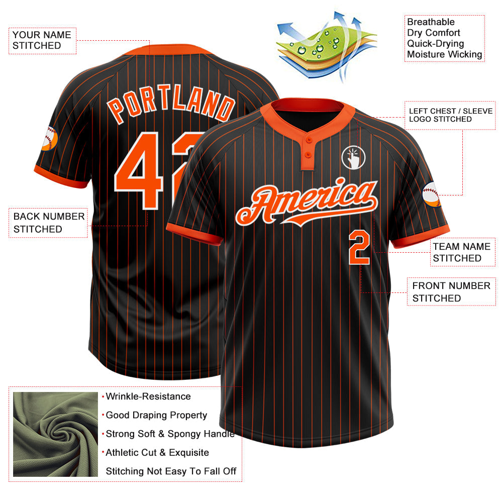 Custom Black Orange Pinstripe White Two-Button Unisex Softball Jersey view 3